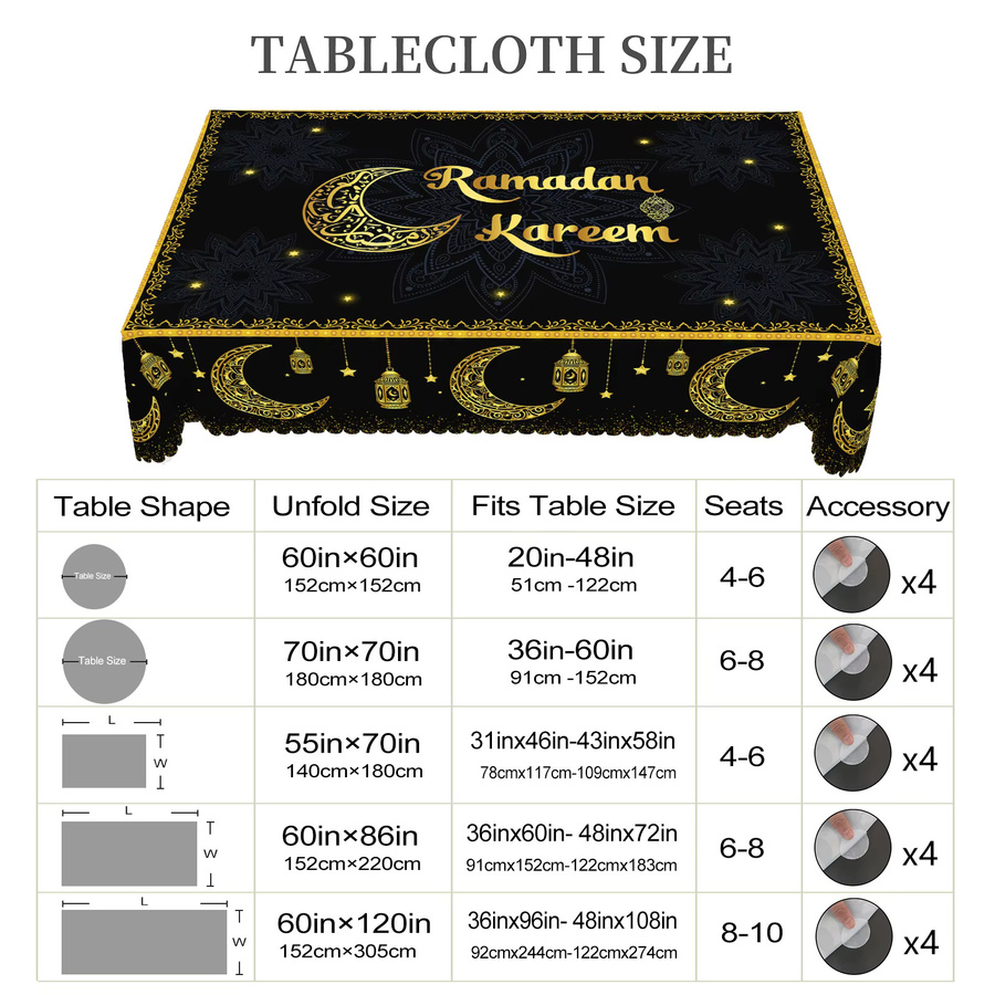 Dekorative Tischdecke aus Polyester mit orientalischem Mandala-Muster, Halbmond, Sternen und Laternen in Schwarz und Gold - Bild 6
