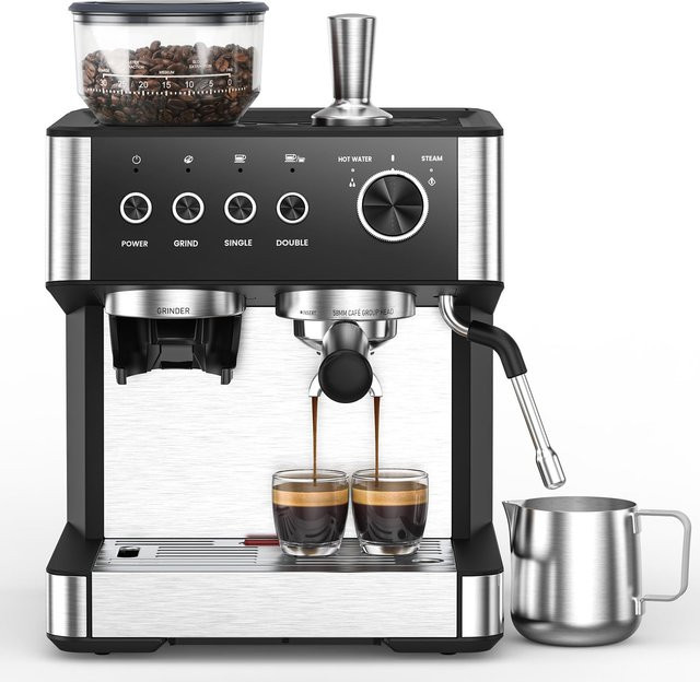 Acekool Espressomaschine mit integriertem Mahlwerk, 15 Bar Druck, 58 mm Siebträger, Dampfdüse und 2,3 l Wassertank, Schwarz-Silber - Bild 1