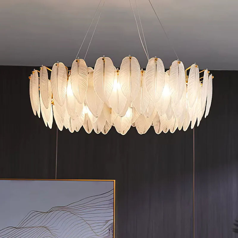 MZISOSOD Moderne Pendelleuchte Feder-Design aus Glas und Metall in Gold und Transparent mit E14 Fassung für Wohnzimmer und Schlafzimmer - Bild 4