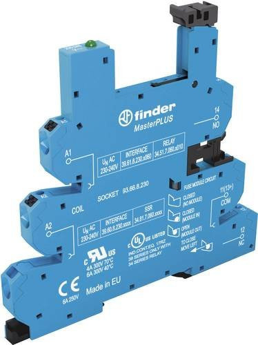 Finder Relaissockel 93.66.8.230 mit Haltebügel, LED und EMV-Entstörbeschaltung, passend für Serie 34, Blau - Bild 1
