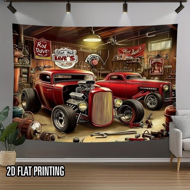 Vintage Hot Rod Garage Wandteppich Retro 1940er Klassisches Auto Wandkunst von JMG Household Supplies, Mehrfarbig, Breite: 230 cm, Höhe: 180 cm - Bild 1