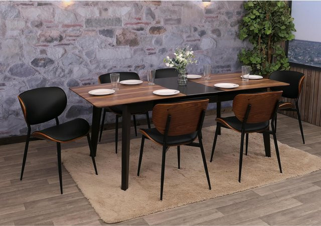 6er-Set MCW Esszimmerstühle O45 aus Bugholz mit Kunstleder in Walnuss-Optik und Schwarz - Bild 1