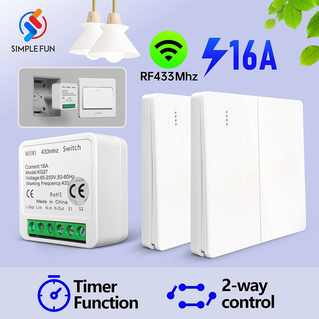 SLMPLEFUN Drahtlose Fernbedienung Lichtschalter mit RF433Mhz Mini Relais Empfänger und Wand Panel Schalter in Weiß, 2-Wege-Steuerung mit Timer-Funktion für 220 V - Bild 1