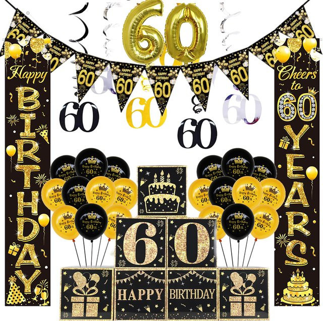 60. Geburtstag Party Set in Schwarz und Gold mit Ballons und dreieckigen Wimpelketten für Männer und Frauen - Bild 1