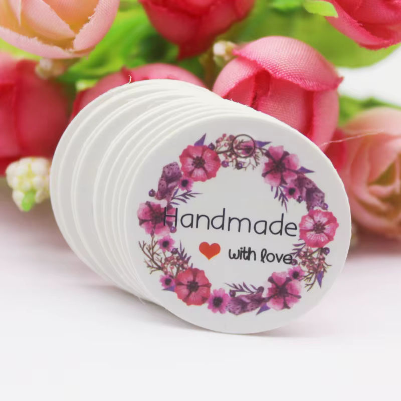 100 runde Hochzeits-Geschenketiketten aus Papier mit Blumen-Motiv und Seilen in Weiß und Braun, Durchmesser: 3 cm - Bild 5