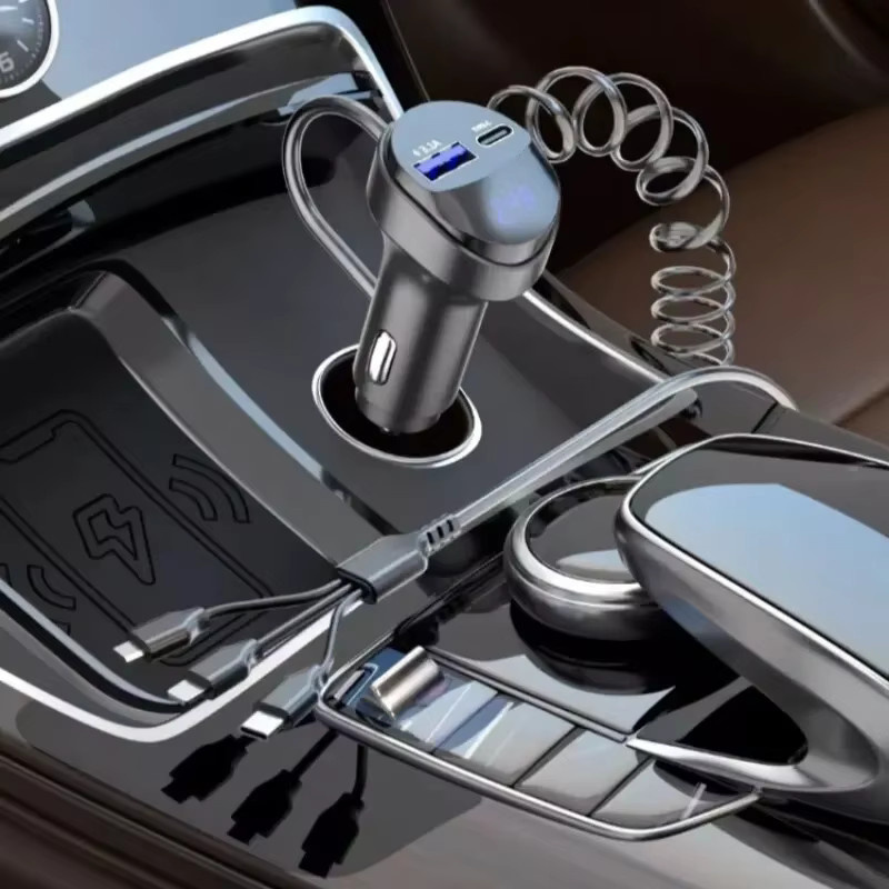 55 W 3-in-1 Autoladegerät mit 2 USB-Ports, Spannungsanzeige und einziehbarem Kabel in Schwarz - Bild 3