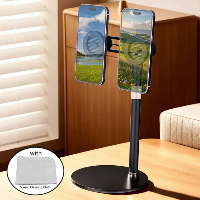 Homhu Magnetischer Dual-Telefonständer aus Aluminium, 360 Grad rotierbar und faltbar, MagSafe kompatibel für iPhone, Schwarz - Bild 1