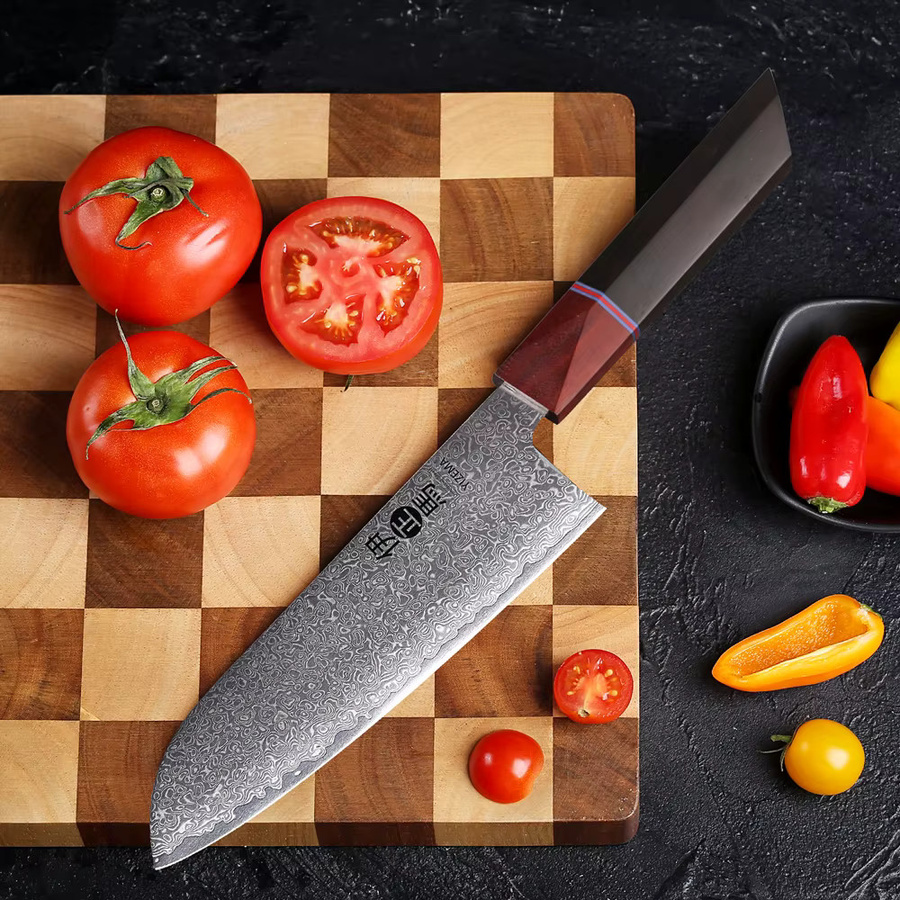 YIZEMA Santoku-Kochmesser aus handgeschmiedetem Damaststahl mit Holzgriff, 17,78 cm - Bild 3