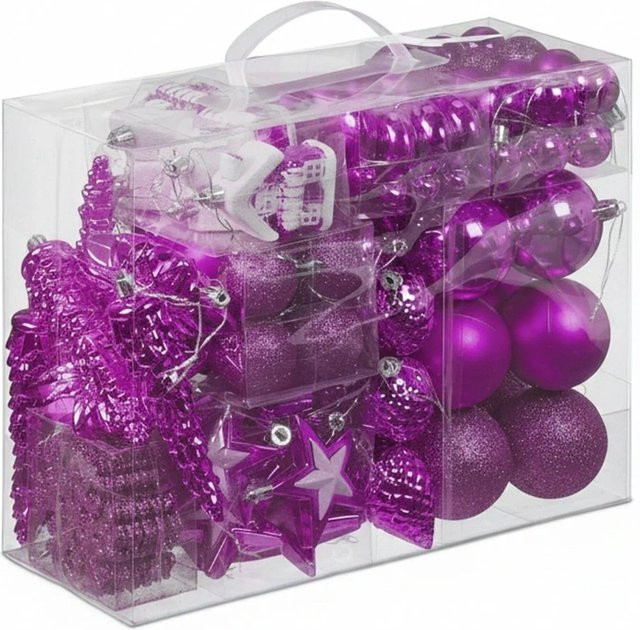 Relaxdays Weihnachtskugeln Set in Pink aus Polystyrol mit verschiedenen Motiven wie Zapfen, Blumen, Sternen, Häusern und Schneeflocken inklusive Aufbewahrungsbox - Bild 1