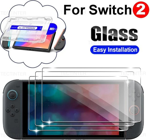 Displayschutzfolie aus gehärtetem Glas für Nintendo Switch 2 mit automatischem Ausrichtungsrahmen, transparent - Bild 1