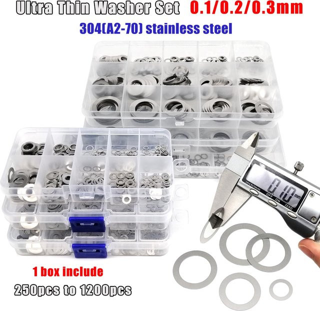 Michastu Ultradünne Flache Unterlegscheiben Set aus 304 Edelstahl in Silber, Mixgröße M3 bis M20 mit Stärken 0,1 mm, 0,2 mm und 0,3 mm - Bild 1