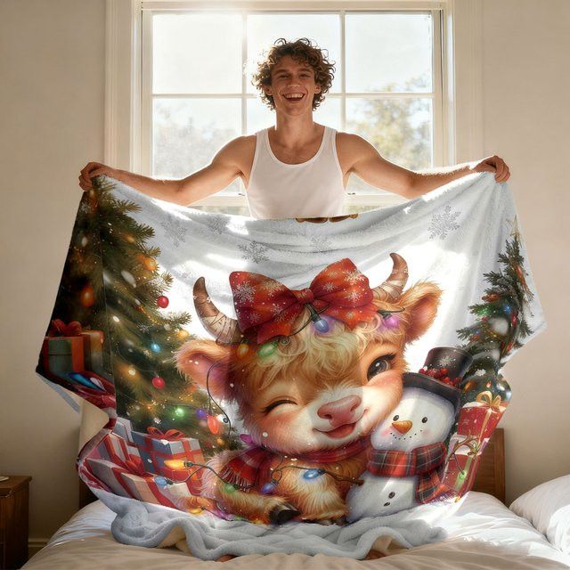 NapLeisure Flanelldecke mit Merry Christmas Highland Cow Aufdruck, maschinenwaschbar - Bild 1