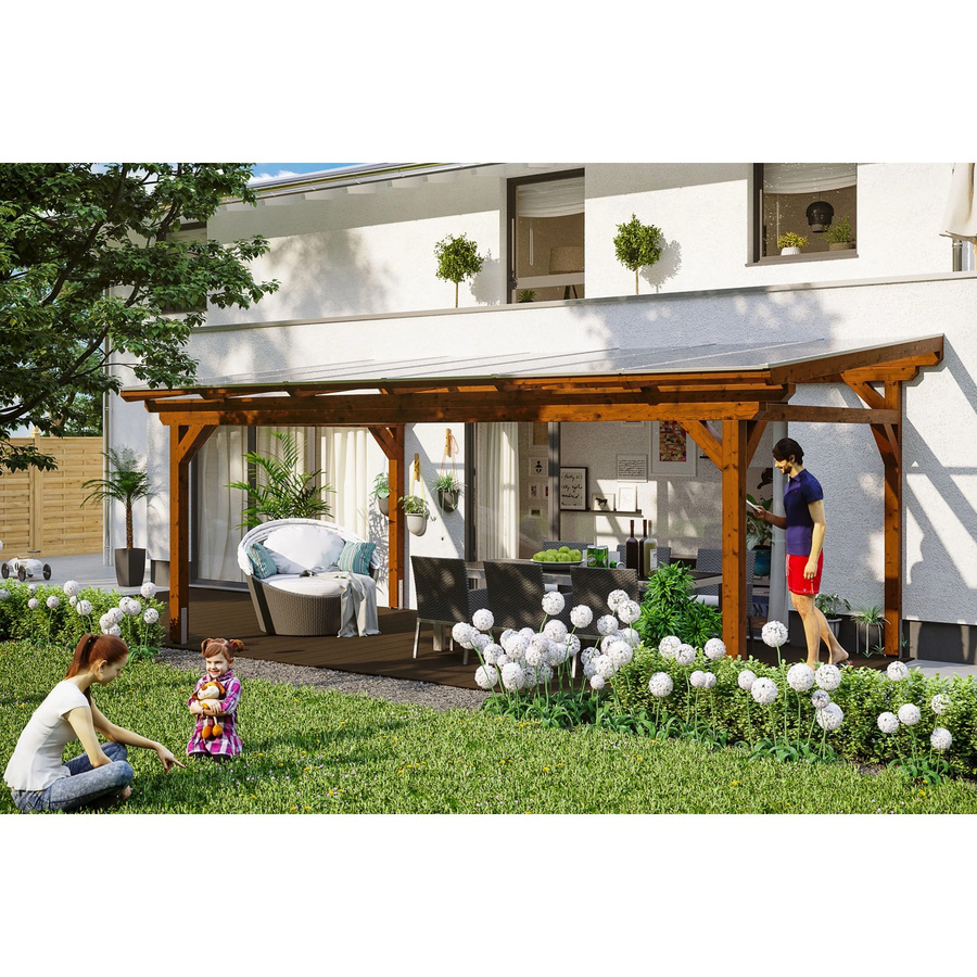 Skan Holz Terrassenüberdachung Sanremo aus Leimholz in Nussbaum Braun, B/T/H: 648 x 350 cm mit Polycarbonat Dach - Bild 2