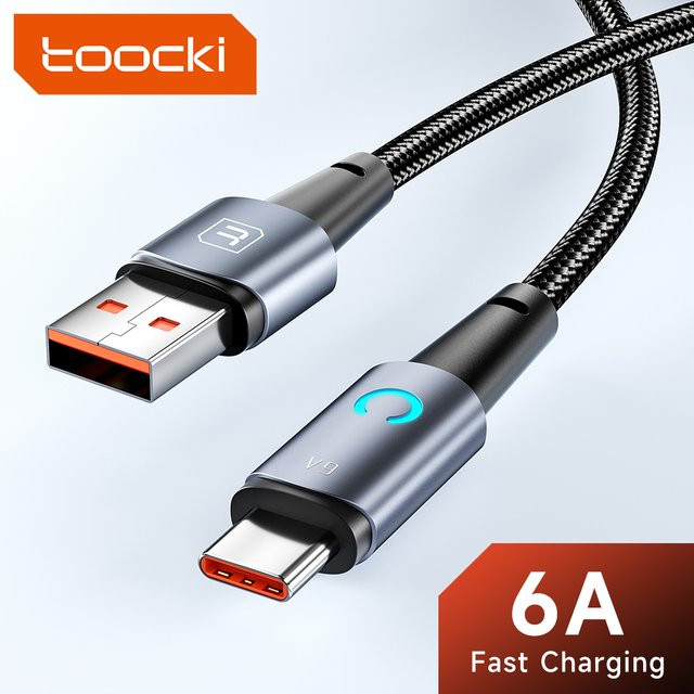 Toocki USB-A auf USB-C Schnellladekabel 6A mit LED, 66W PD, Schwarz - Bild 1