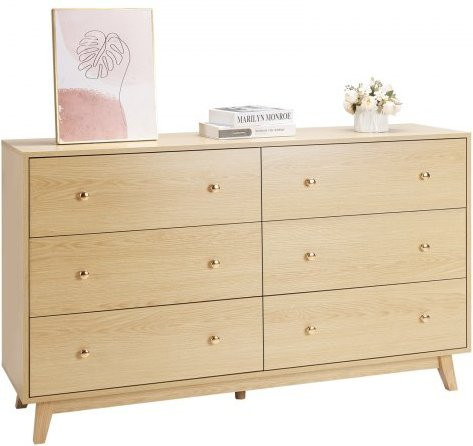 VEVOR Kommode mit 6 Schubladen aus Rubberwood und MDF, minimalistischer moderner Schubladenschrank mit Kippschutz, Farbe: Beige/Braun, B/T/H: 39,9 x 137,2 x 81,3 cm - Bild 1