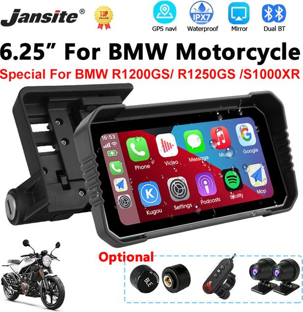Jansite Motorrad Carplay Bildschirm mit GPS Navigation und Wireless Android Auto, 6,25 Zoll, IPX7 Wasserdicht, Schwarz, passend für BMW R1200GS, R1250GS, R1300GS und S1000XR - Bild 1