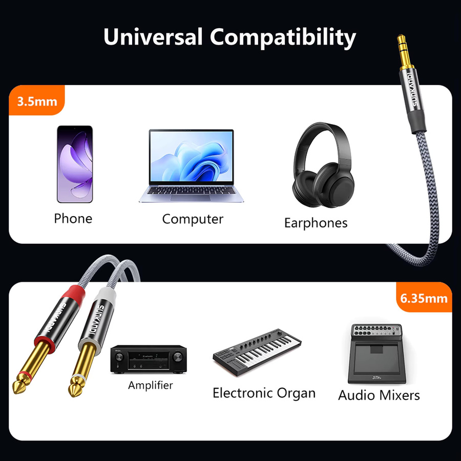 SUNKANDI Audiokabel 3,5 mm TRS auf Dual 6,35 mm 1/4 TS Mono Y Splitter Adapter, Grau - Bild 2