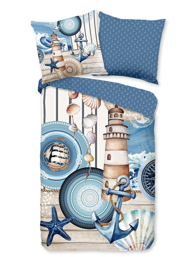 hip Mako-Satin Bettwäsche Aldiana Maritim mit Anker, Leuchtturm und Muschel in Blau, B/H: 135 x 200 cm mit Kissenbezug 80 x 80 cm - Bild 1