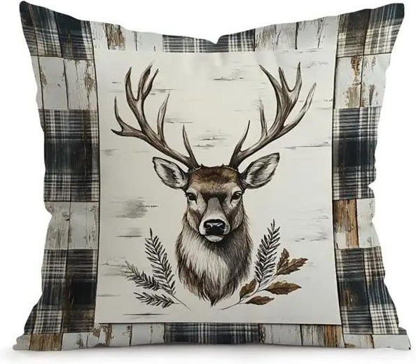 JMG Clothing Kissenbezug mit Hirschköpfen und Waldmuster in Weiß, B/B: 45 x 45 cm - Bild 1