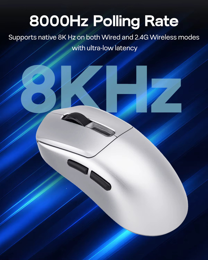 EPOMAKER NEX Pro Tri-Mode Kabellose Ergonomische Gaming-Maus mit PixArt PAW3950 Sensor, RGB-Ladestation, 8000Hz Polling und 42K DPI in Silber - Bild 4