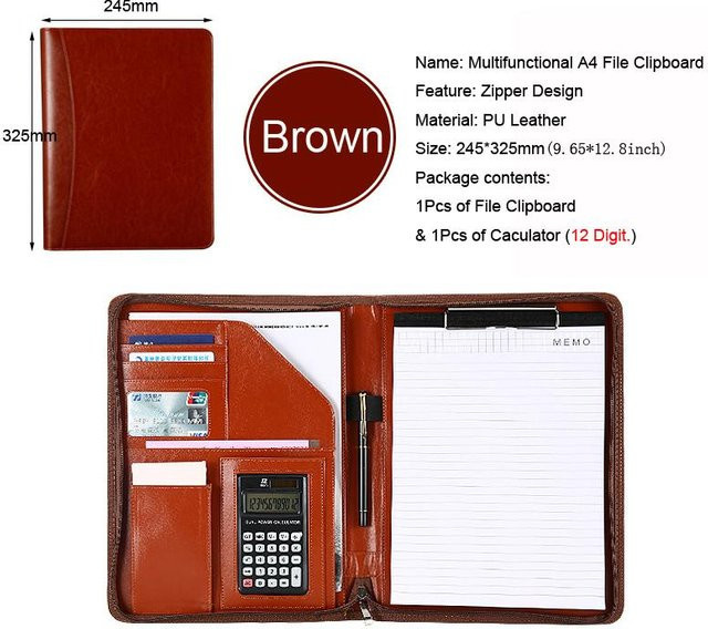 Handgefertigter A4-Aktenordner aus Leder von Yiran Furniture in Braun mit Reißverschluss und Telefonhalter für Geschäftspapiere und Konferenzen - Bild 1
