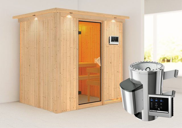 Karibu Sauna Finja aus Fichte und Espe mit 3,6 kW Ofen, externer Steuerung, LED-Dachkranz und Ganzglastür in Bronze, B/T/H: 196 x 151 x 202 cm - Bild 1
