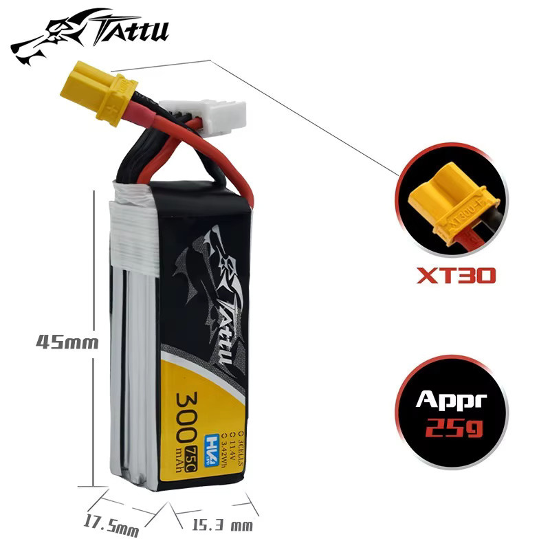 Tattu LiPo Akku 11,4V 300mAh 75C 3S mit XT30 Stecker für RC Hubschrauber, Quadcopter und FPV Renn-Drohnen - Bild 2