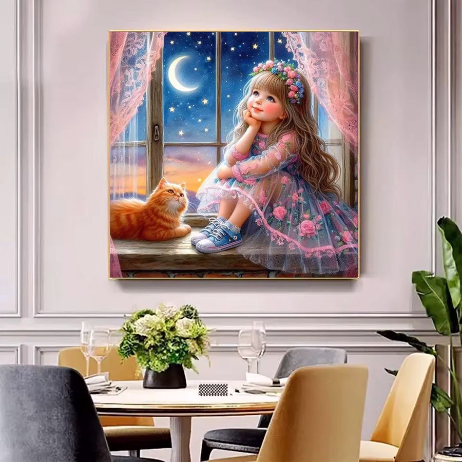 Potdemiel Diamant-Gemälde DIY Set mit Cartoon-Mädchen und Katze im Mond-Design als Mosaik-Kunstwerk für deine Heimdekoration - Bild 2