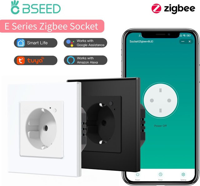 BSEED E-Serie Zigbee Smart-Steckdose mit Kristallglas-Rahmen, kompatibel mit Tuya App, Google Assistant und Alexa, EU-Standard, Schwarz oder Weiß - Bild 1