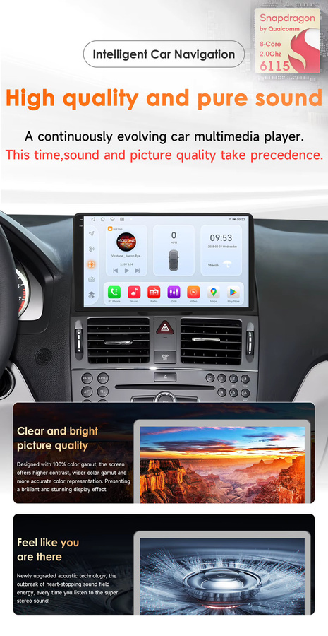 OSSURET Multimedia Autoradio mit GPS, Carplay und Android Auto für Mercedes Benz C Klasse W204 S204 (2007–2010), Snapdragon 6115, 4G, Schwarz - Bild 2
