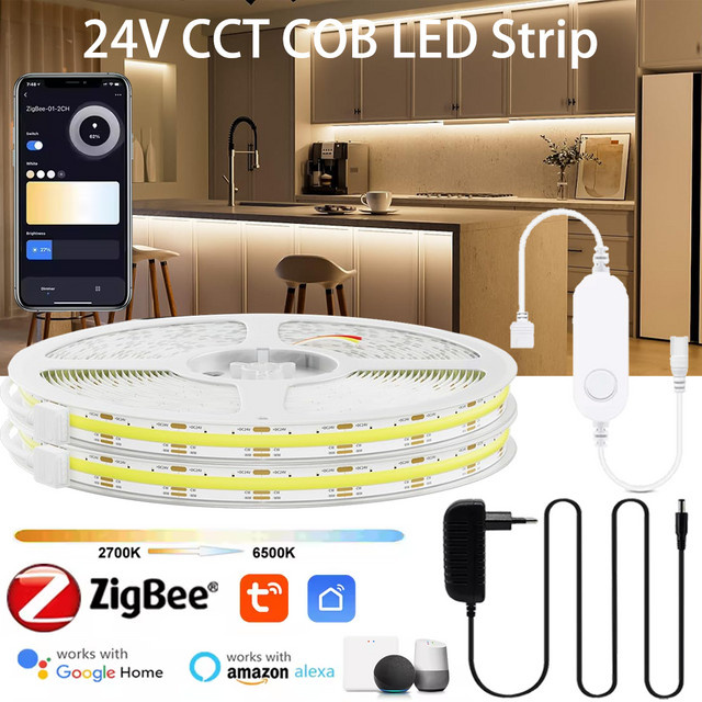 YSRSAI Tuya Zigbee COB CCT LED-Streifen 24V, dimmbar, weiß, kompatibel mit Amazon Alexa und Google Assistant - Bild 1