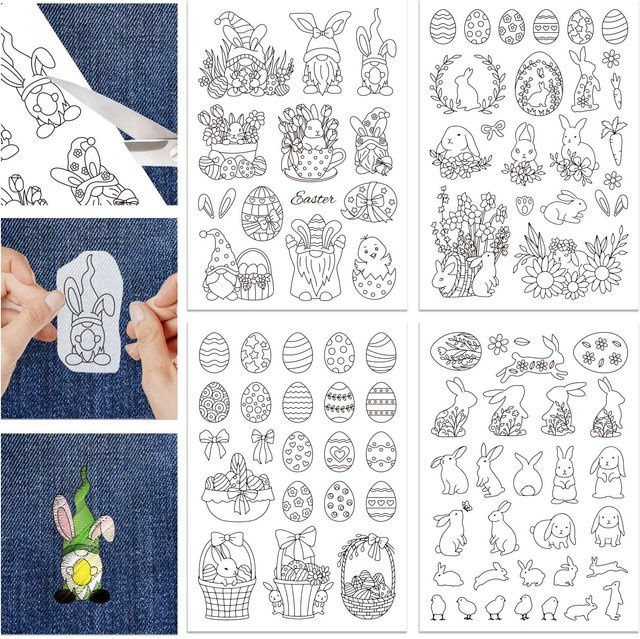 Oster-Stickstabilisator mit 86 Hasen- und Zwergen-Designs auf wasserlöslichem, selbstklebendem Papier für 4 Blätter - Bild 1