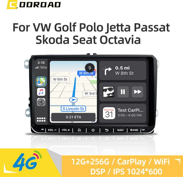 COOROAD Android 14.0 Autoradio mit 9 Zoll Display, CarPlay, 4G, WiFi, GPS und Bluetooth in Schwarz für Volkswagen Golf Polo Jetta Tiguan Passat sowie Seat Octavia - Bild 1