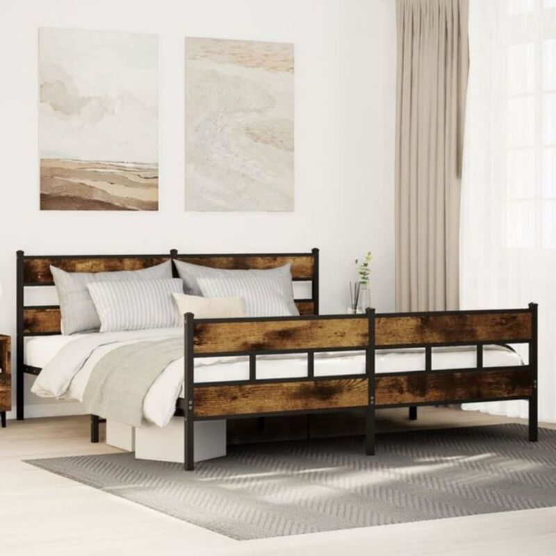 Metallbett vidaxl in Räuchereiche und Braun im Industrial Design, B/T/H: 183 x 213 cm - Bild 1