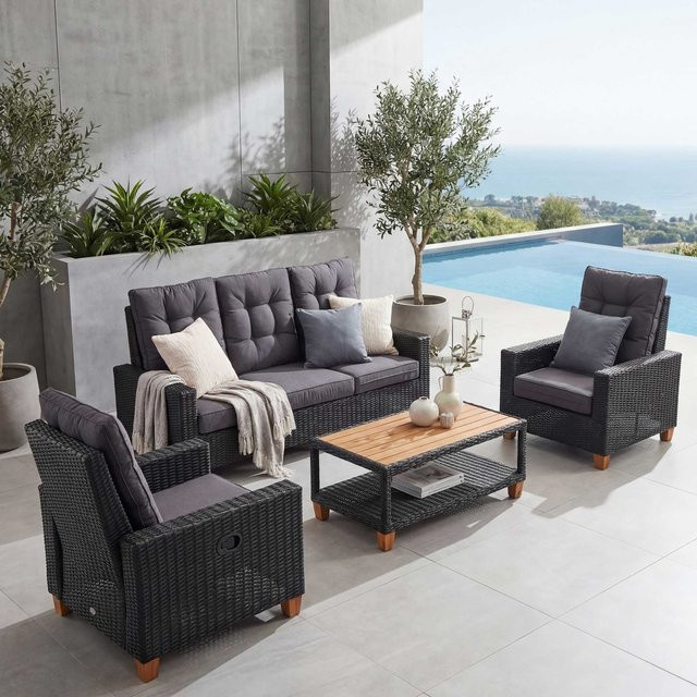 MCW Gartengarnitur G28 Lounge-Set aus Akazie-Holz und Rattan in Anthrazit mit grauen Kissen - Bild 1