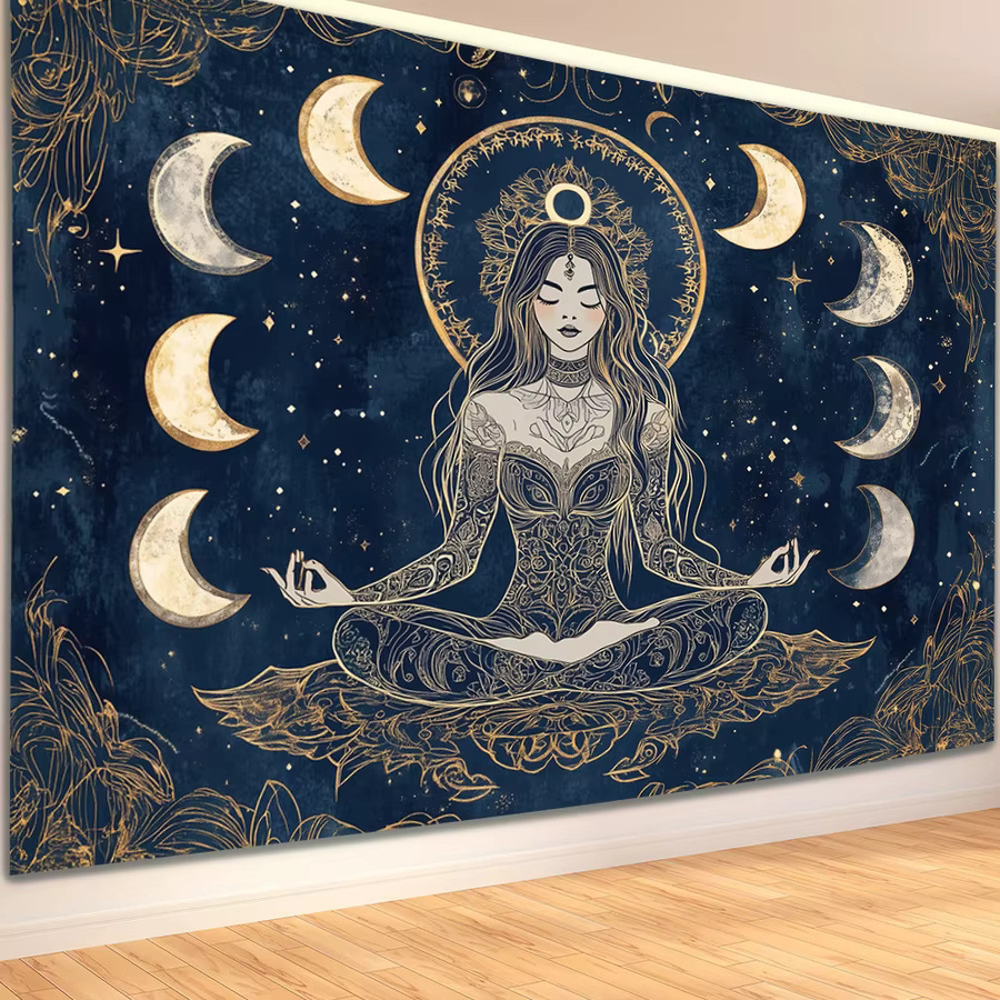 VIKAMA Wandteppich Meditation Mondlicht Fee mit Goldrahmen in Blau und Gold, Böhmische Wandkunst mit Sternenhimmel für dein Wohnzimmer, B/H: 60 x 40 cm - Bild 2