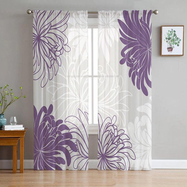 A Family Of Home Textiles Transparentes Chiffon-Vorhang mit lila weißem Blumen-Chrysanthemen-Muster, Breite: 135 cm, Höhe: 137 cm - Bild 1