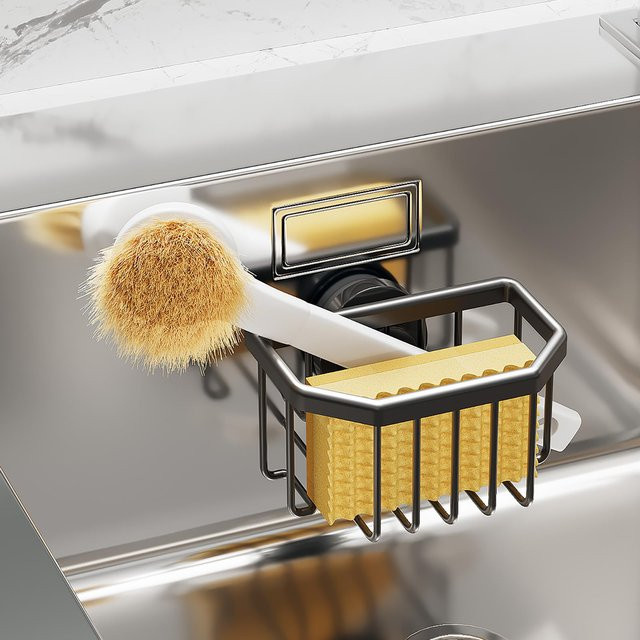 TAILI Schwammhalter aus Aluminium in Gold mit starkem Saugnapf für Spüle und Bürsten - Bild 1