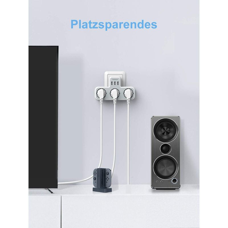 TESSAN Steckdosenleiste mit 3 AC-Ausgängen und 3 USB-Anschlüssen in Grau - Bild 2