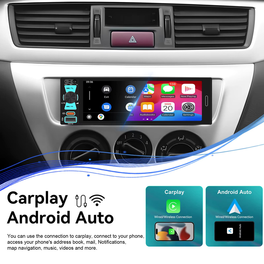 Podofo 1DIN Multimedia-Autoradio mit 6,5 Zoll Incell Touchscreen, Carplay, Android Auto und Mirror Link in Schwarz - Bild 3