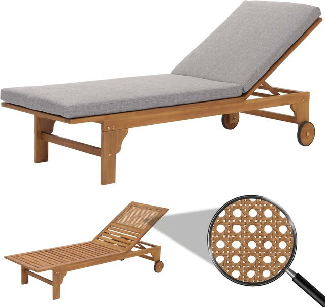 MCW Sonnenliege N48 aus Massiv-Holz Akazie mit grauem Kissen und Rollen - Bild 1
