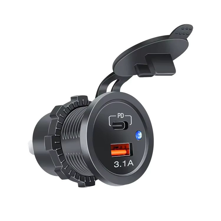 Wasserdichtes Dual-USB-Ladegerät mit LED-Licht und Steckdose in Schwarz für Auto, LKW, Motorrad, ATV und Boot - Bild 3