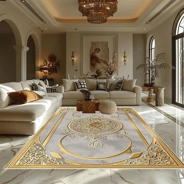 HGHT Wohnzimmerteppich Modern Gold Gestreift Rutschfest und Waschbar B/T: 90 x 60 cm - Bild 1