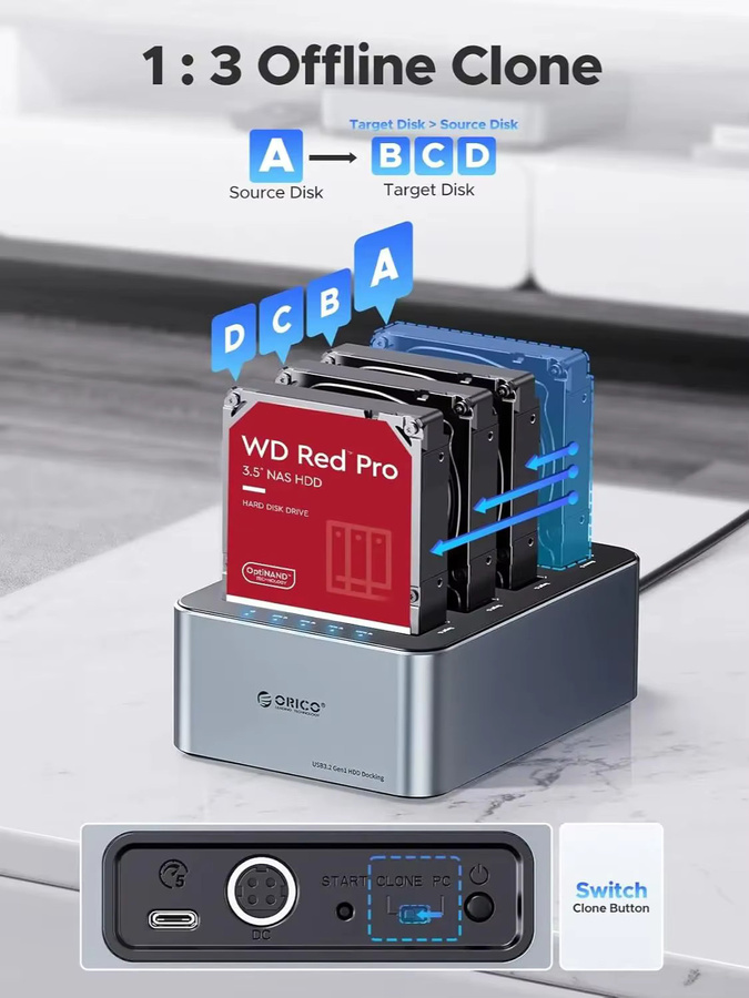 ORICO Aluminium Festplatten-Dockingstation mit 4 bis 5 Bays, USB-C 5Gbps, Offline-Klonfunktion für 2,5 und 3,5 Zoll HDD - Bild 7