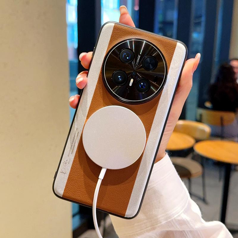 Huawei Mate 70 Pro Plus Handyhülle aus Leder mit Magnetfunktion und dreifarbigem Nahtdesign in Braun - Bild 3
