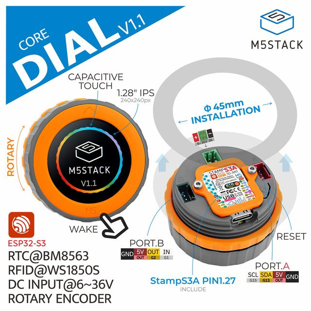 M5Stack M5Dial Programmierbarer Controller M5StampS3 mit 1,28 Zoll Rundem Touchscreen in Orange - Bild 1