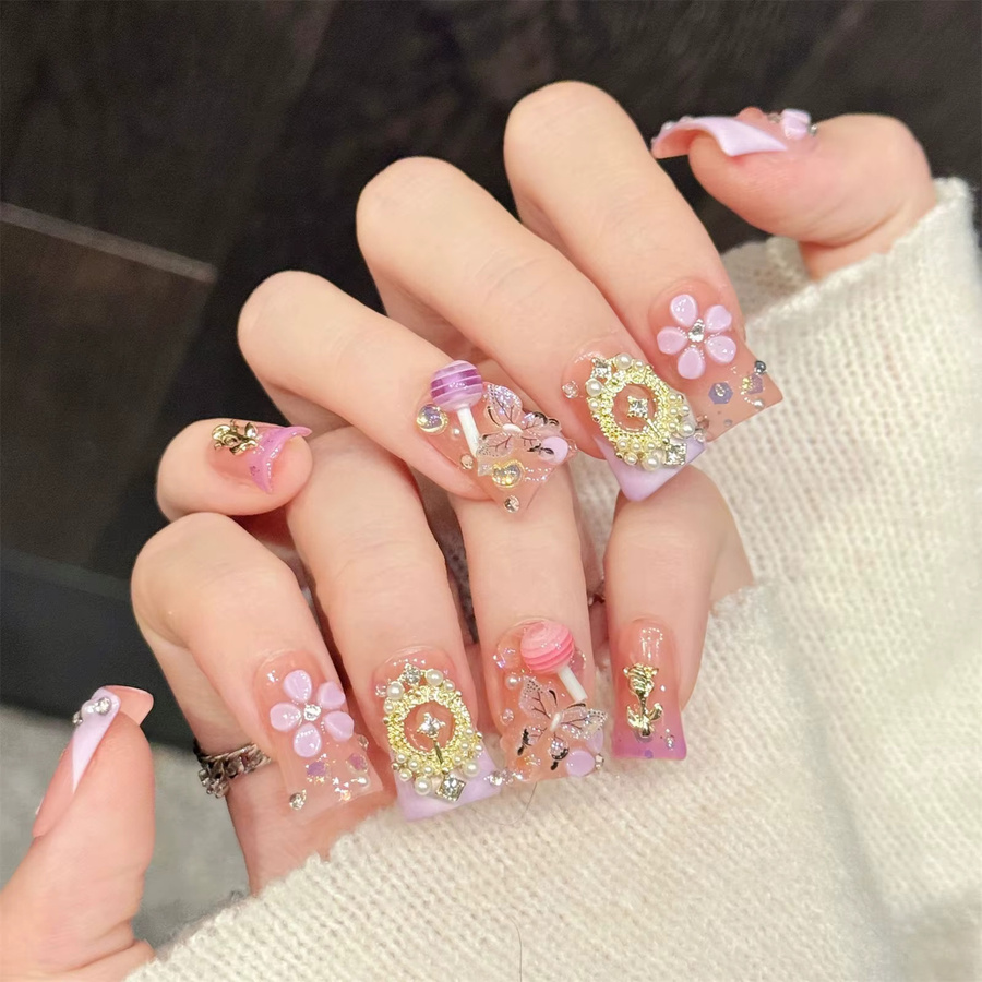 YADORNOS Press-on-Nägel, 10 Stück, rosa Blumen, Schmetterling, Glänzend, Damen - Bild 3