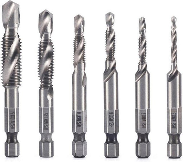Kkmoon 6-teiliges HSS Gewindebohrer und Senker Bit Set mit 1/4 Zoll Schaft für bis zu 5 mm Durchmesser in Silber und Gold - Bild 1