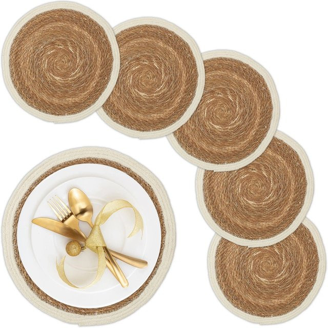 Relaxdays Tischsets 6er Set aus Wasserhyazinthe in Natur und Weiß im Boho-Stil, Breite: 36 cm - Bild 1
