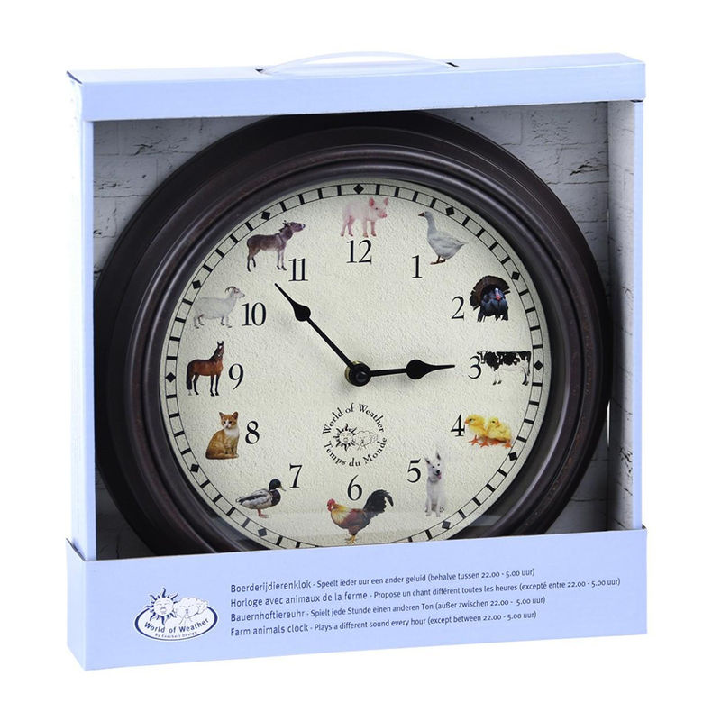 Esschert Design Wanduhr Analog Rund in Braun mit Tiergeräuschen im Landhausstil für Kinder - Bild 3